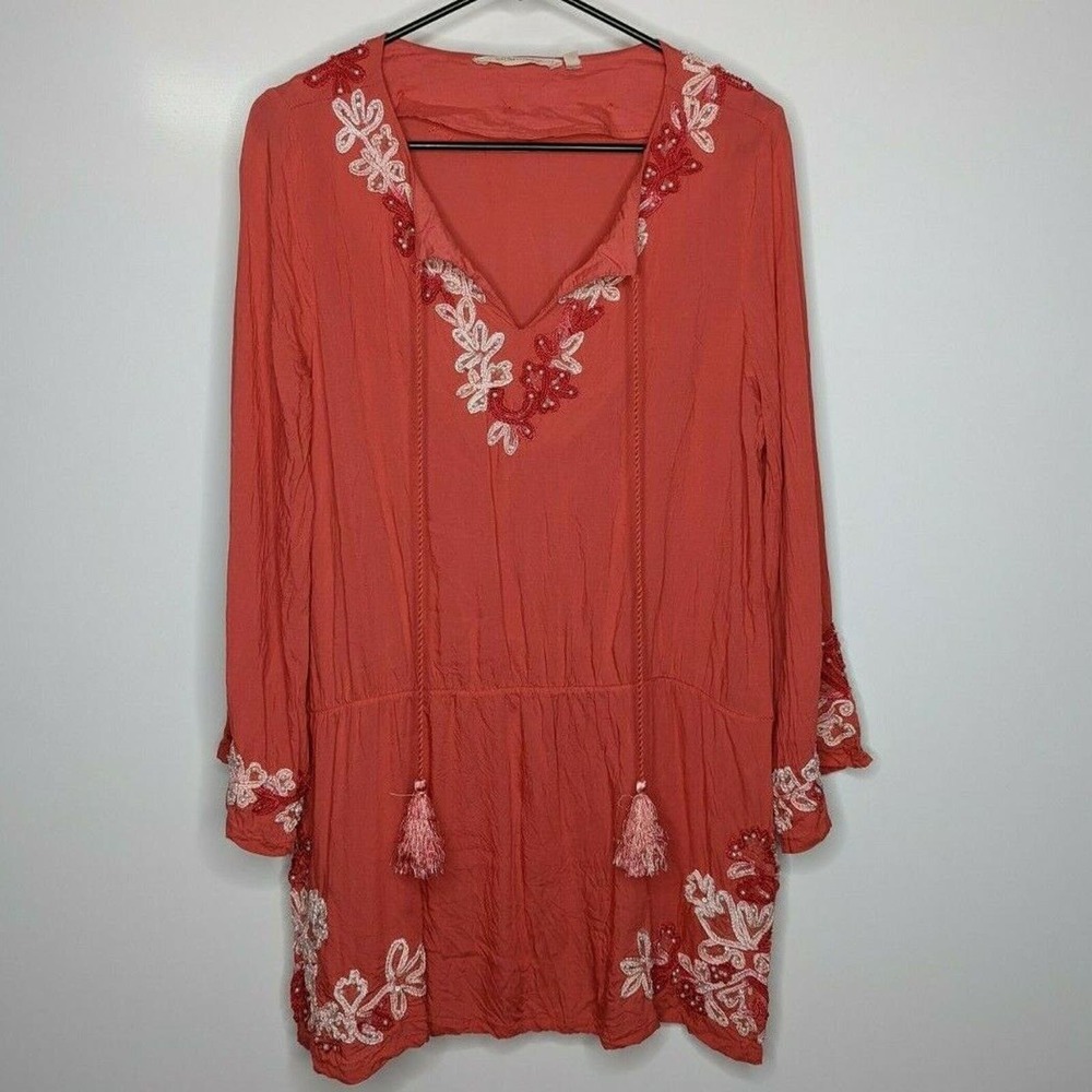 Soft Surroundings M Rust Boho Peasant Beaded Embroidered Blouse Tunic